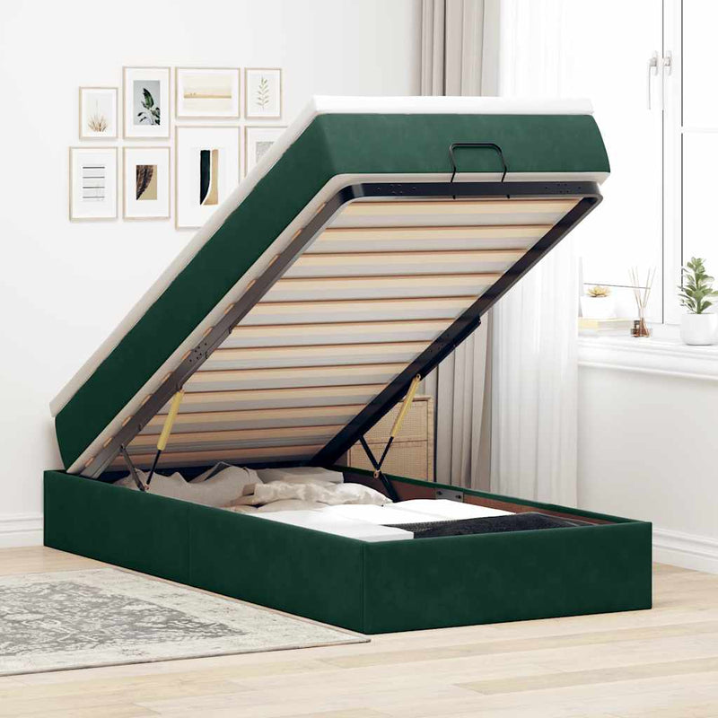 Cadru de pat otoman cu saltea catifea verde închis 90x200cm