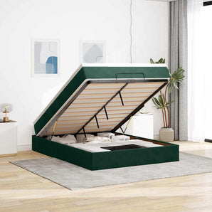 Cadru de pat otoman cu saltea verde închis 140x200cm catifea