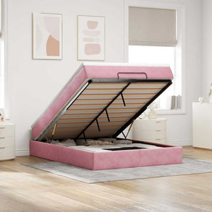 Cadru de pat otoman cu saltea roz 140x200cm catifea