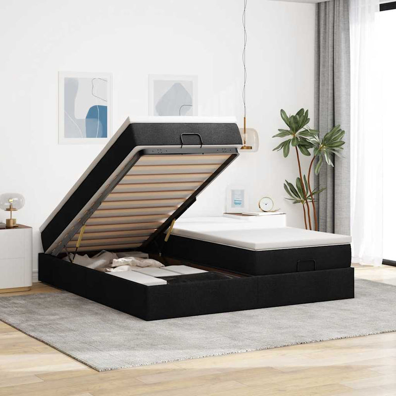 Cadru de pat otoman cu saltele, material negru 160x200cm