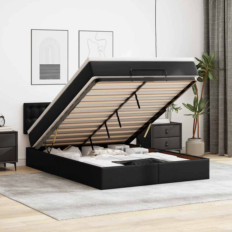 Cadru pat otoman cu saltea neagră 140x200cm piele artificială