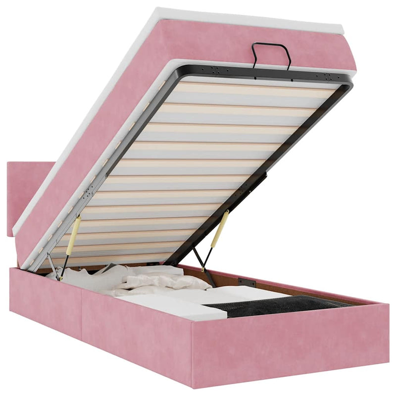 Cadru de pat otoman cu saltea roz 100x200cm catifea