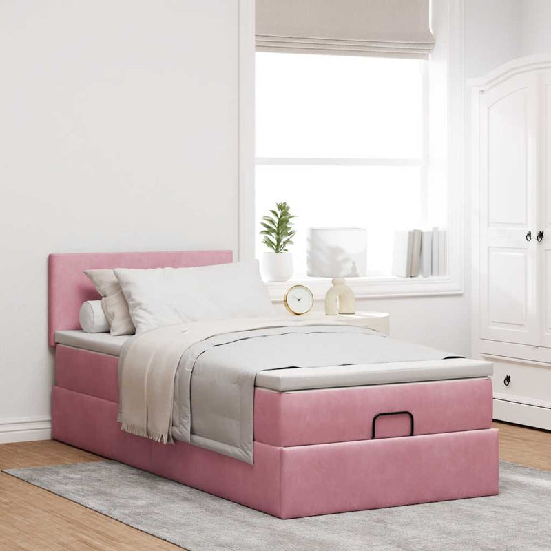 Cadru de pat otoman cu saltea roz 100x200cm catifea