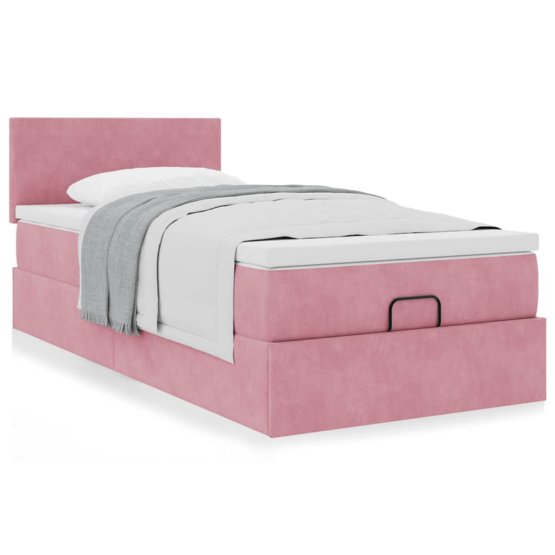 Cadru de pat otoman cu saltea roz 100x200cm catifea