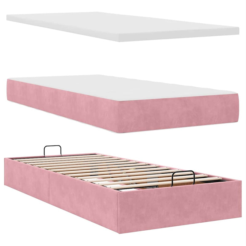 Cadru de pat otoman cu saltea roz 100x200cm catifea