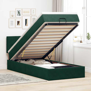 Cadru de pat otoman cu saltea catifea verde închis 90x200cm