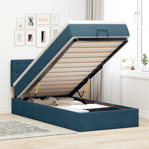 Cadru de pat otoman cu saltea, catifea albastru închis 90x190cm