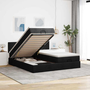 Cadru de pat otoman cu saltele, material negru 160x200cm