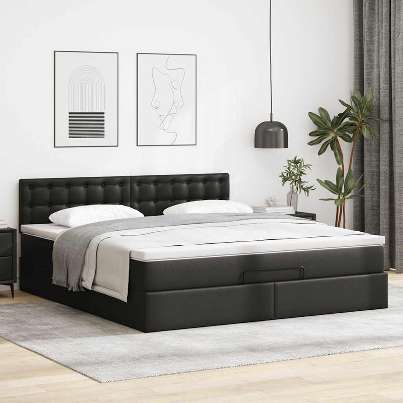 Pat otoman cu saltele și LEDs, negru 180x200cm, piele ecologică