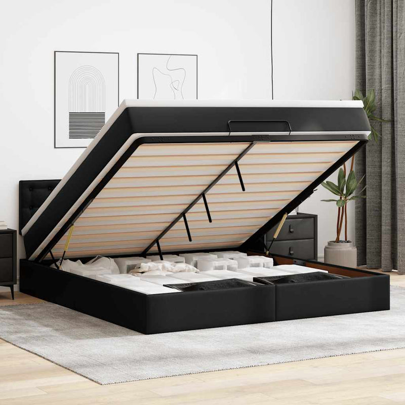 Pat otoman cu saltele și LEDs, negru 180x200cm, piele ecologică