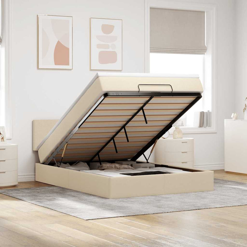 Pat otoman cu saltea și LED-uri crem 140x190 cm țesătură