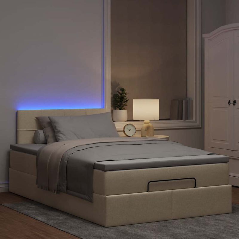Pat otoman cu saltea și LED-uri, crem, 120x190cm, textil