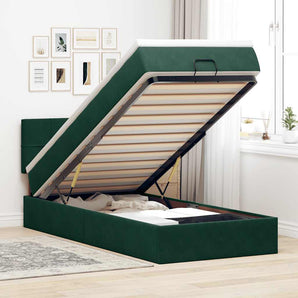 Cadru de pat otoman cu saltea verde închis 90x190cm catifea