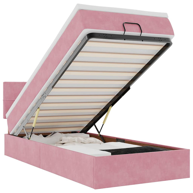 Cadru de pat otoman cu saltea roz 100x200cm catifea