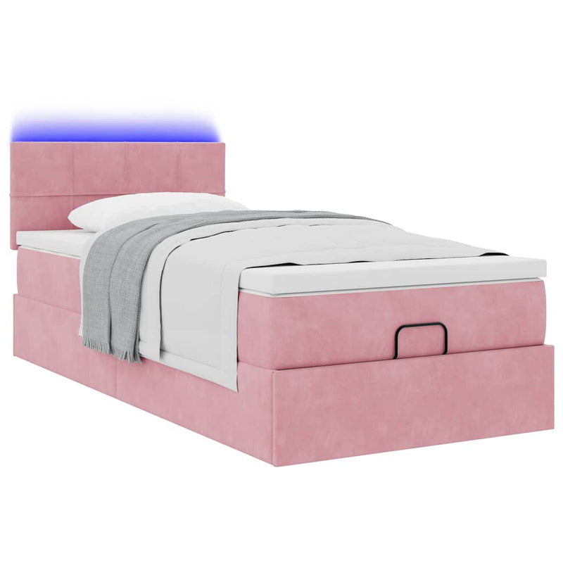 Cadru de pat otoman cu saltea roz 100x200cm catifea