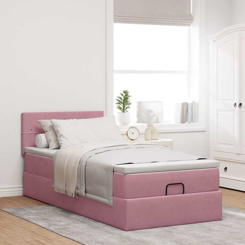 Cadru de pat otoman cu saltea roz 100x200cm catifea