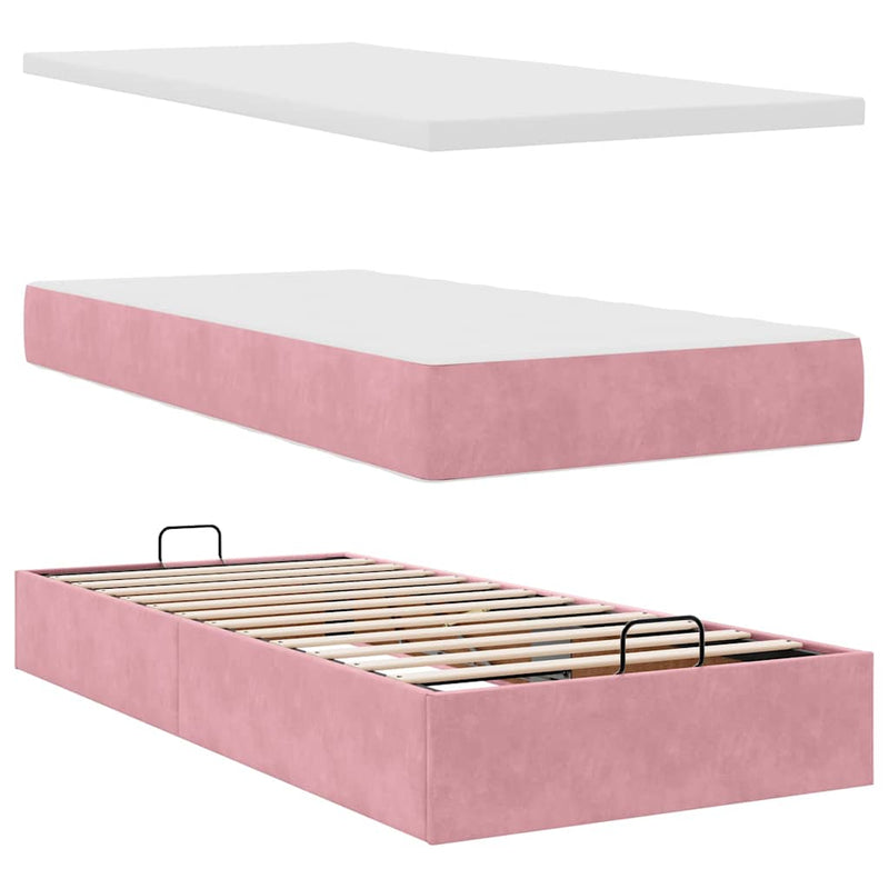 Cadru de pat otoman cu saltea roz 100x200cm catifea
