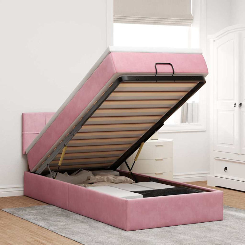 Cadru de pat otoman cu saltea roz 100x200cm catifea