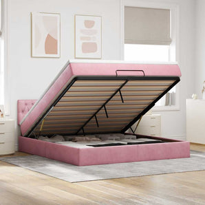 Cadru de pat otoman cu saltea roz 160x200cm catifea