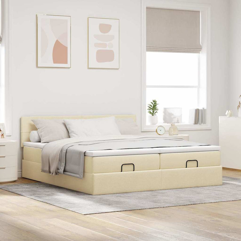 Cadru de pat otoman cu saltele crem 200x200cm stofa