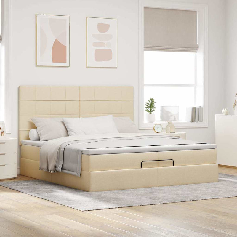Cadru de pat otoman cu saltele crem 200x200cm stofa