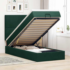 Cadru de pat otoman cu saltele, catifea verde închis 90x190cm