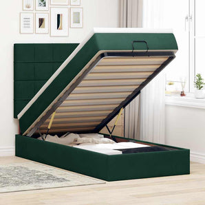 Cadru de pat otoman cu saltele, catifea verde închis 90x190cm