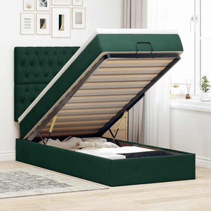 Cadru de pat otoman cu saltele, catifea verde închis 90x190cm