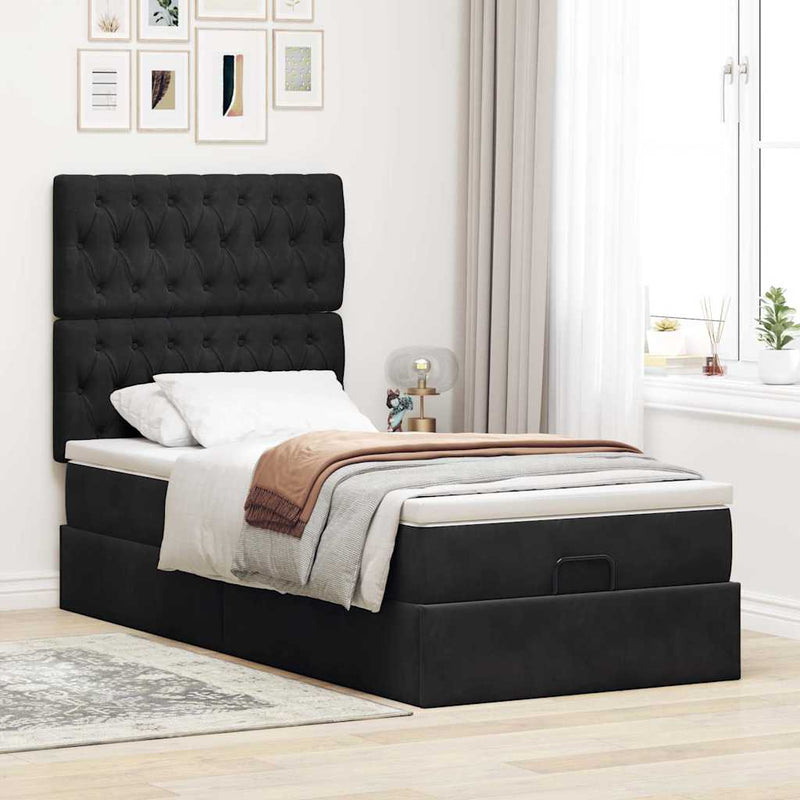 Cadru de pat otoman cu saltele, catifea neagră 90x200cm