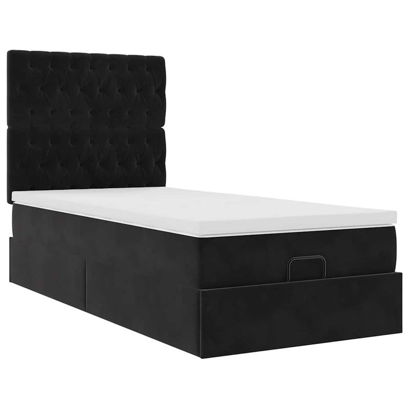 Cadru de pat otoman cu saltele, catifea neagră 90x200cm