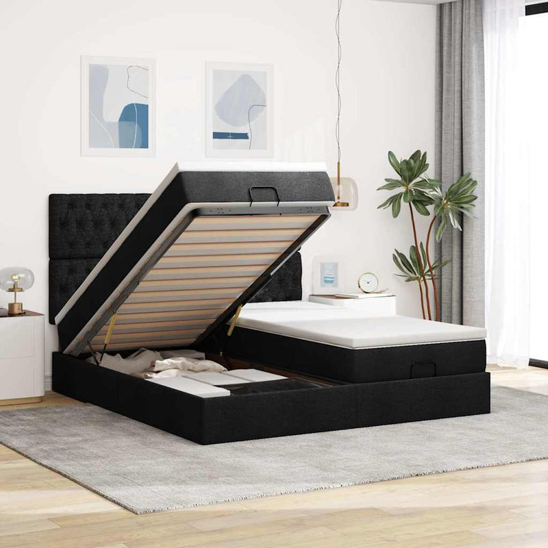 Cadru de pat otoman cu saltele, material negru 160x200cm