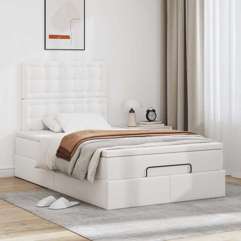 Cadru de pat otoman cu saltea alb 120x200cm piele artificială