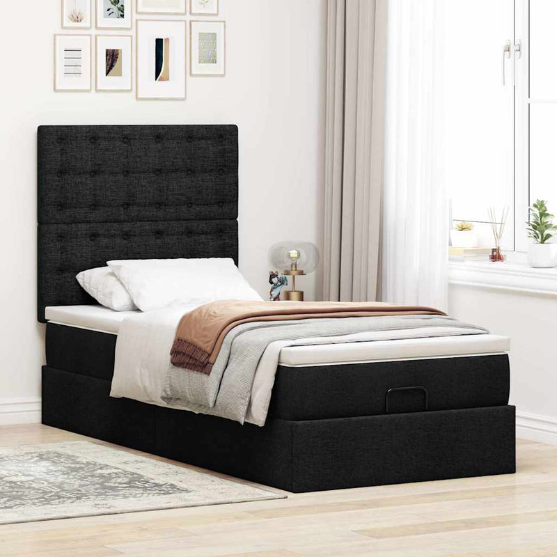 Cadru pat otoman cu saltea țesătură neagră 90x200cm