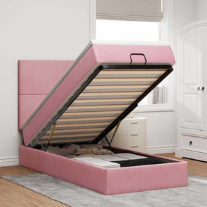 Cadru de pat otoman cu saltele, catifea roz 90x200cm