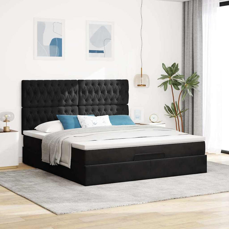 Cadru de pat otoman cu saltele, catifea neagră 160x200cm