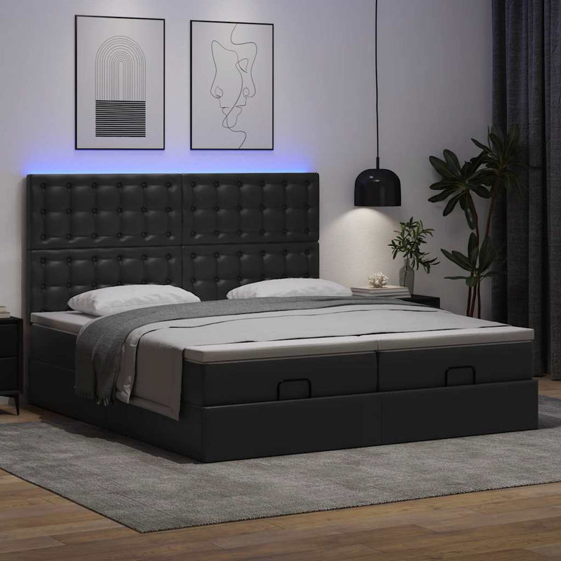 Pat otoman cu saltele și LEDs, negru 180x200cm, piele ecologică