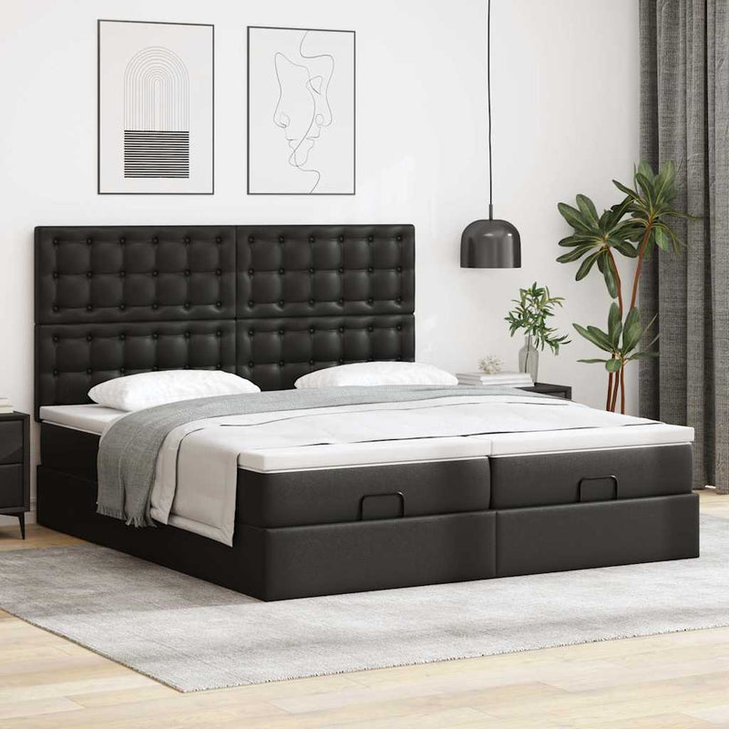 Pat otoman cu saltele și LEDs, negru 180x200cm, piele ecologică