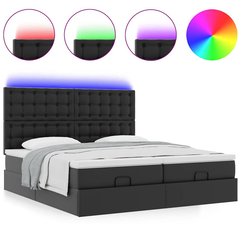 Pat otoman cu saltele și LEDs, negru 180x200cm, piele ecologică