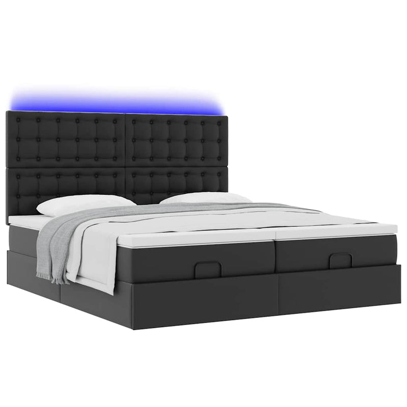 Pat otoman cu saltele și LEDs, negru 180x200cm, piele ecologică
