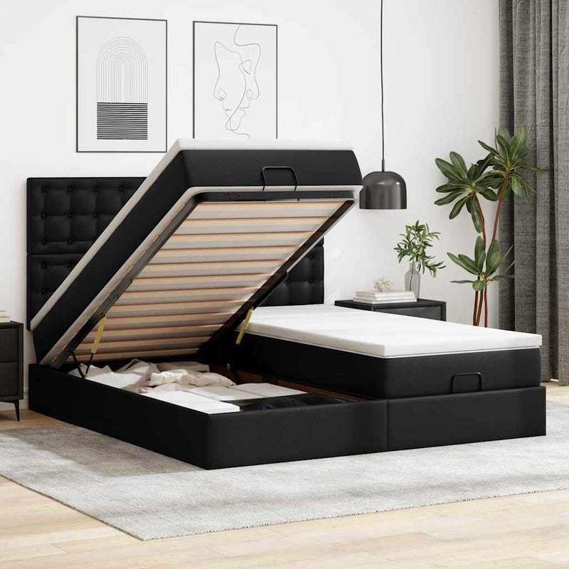 Pat otoman cu saltele și LEDs, negru 180x200cm, piele ecologică