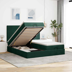 Cadru de pat otoman cu saltele Verde închis 160x200cm catifea
