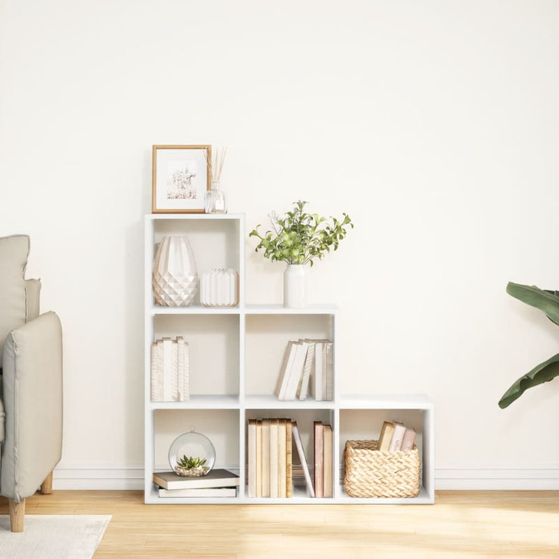 Bibliotecă separatoare de cameră cu 3 niveluri, albă, 99x29x99 cm, lemn stratificat