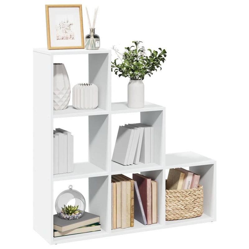 Bibliotecă separatoare de cameră cu 3 niveluri, albă, 99x29x99 cm, lemn stratificat