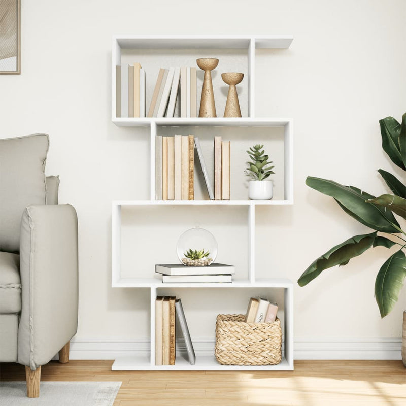 Bibliotecă separatoare de cameră cu 4 niveluri, albă, 70x24x129 cm, lemn stratificat