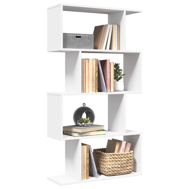 Bibliotecă separatoare de cameră cu 4 niveluri, albă, 70x24x129 cm, lemn stratificat