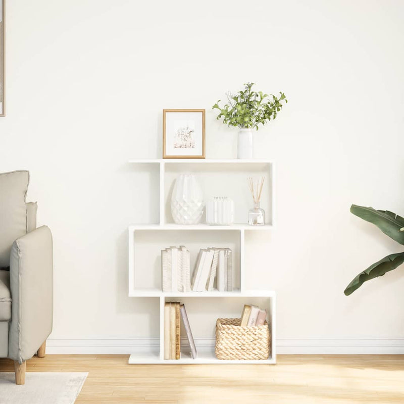 Bibliotecă separatoare de cameră cu 3 niveluri, albă, 70x24x97 cm, lemn stratificat