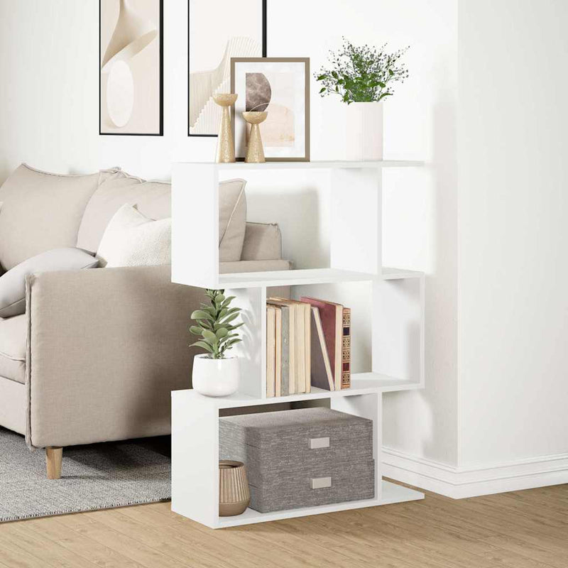 Bibliotecă separatoare de cameră cu 3 niveluri, albă, 70x24x97 cm, lemn stratificat