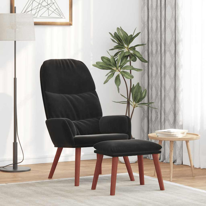 Scaun de relaxare cu taburet, negru, catifea