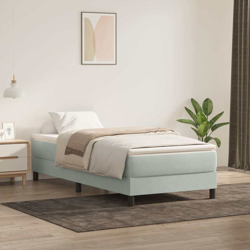 Pat box spring cu saltea, gri deschis, 80x220 cm, catifea