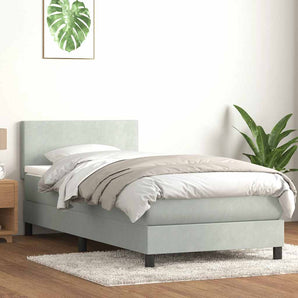 Pat box spring cu saltea, gri deschis, 80x210 cm, catifea